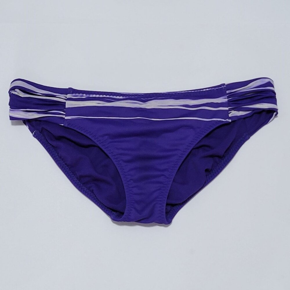 Athleta Aqualuxe Women's Swim Bikini Bottom Periwinkle Striped Ruched - Size L